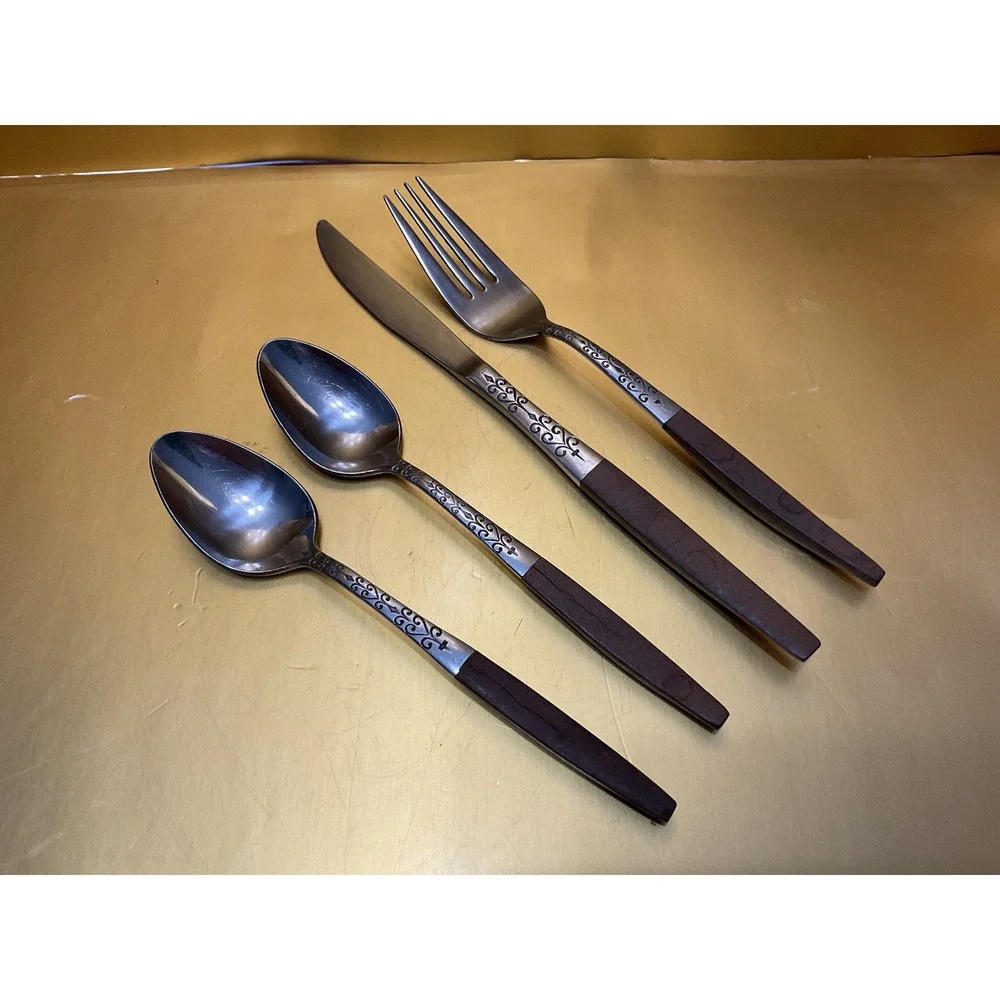 Interpur Japan Stainless Flatware Brown Faux Wood Handle Scroll 4pc Set Spoons